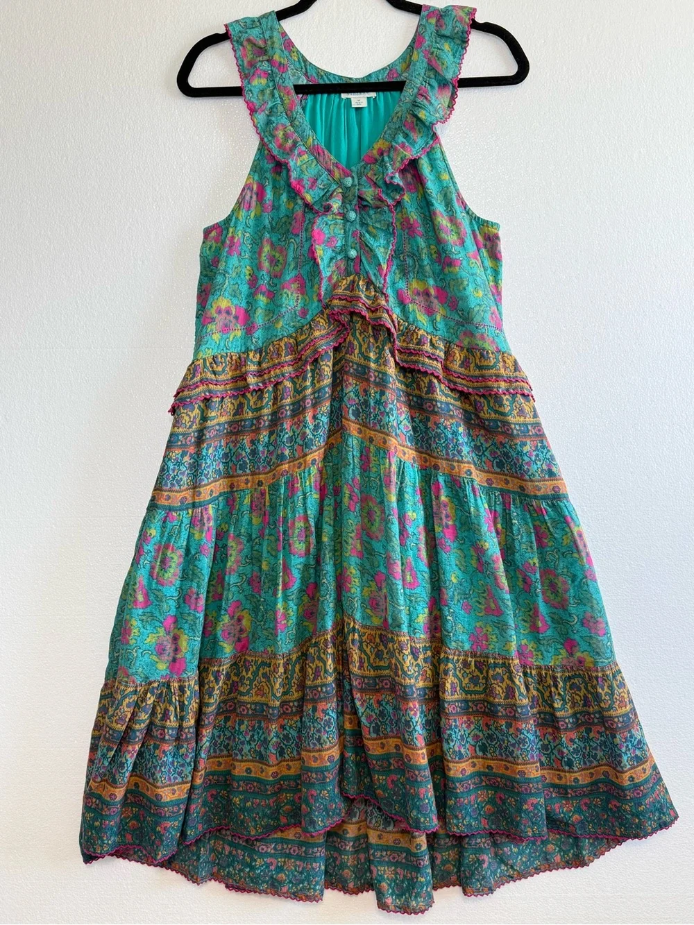 Sundance Dalis Ruffles Sleeveless Midi Dress Teal Turquoise Floral V Neck Size M